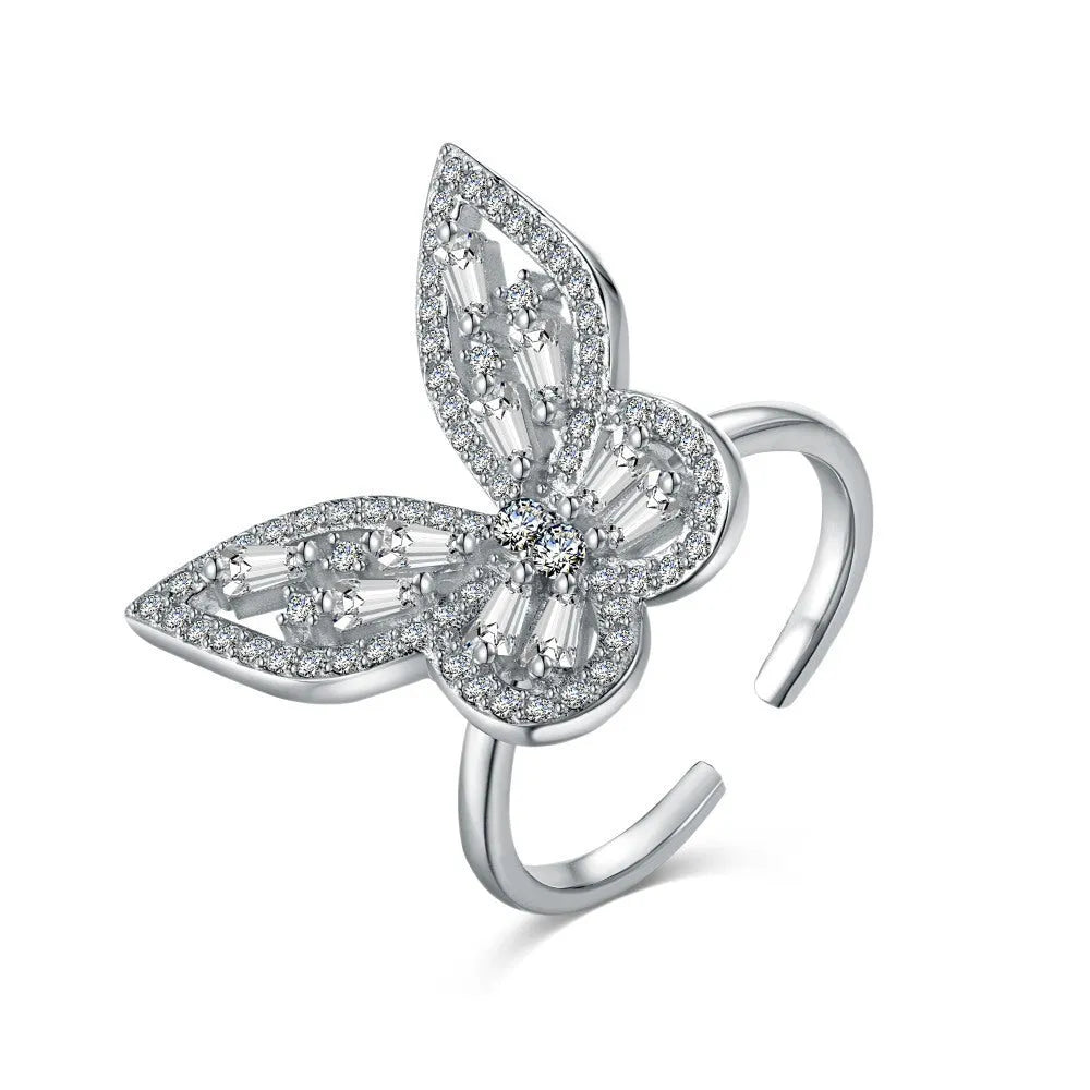 S925 sterling silver butterfly ring with inlaid zircon and adjustable open band in white or gold tone