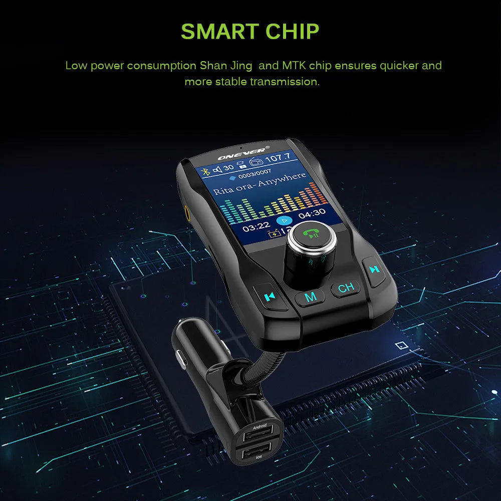Black car Bluetooth FM transmitter with colour screen and dual USB ports for charging Apple and Android devices