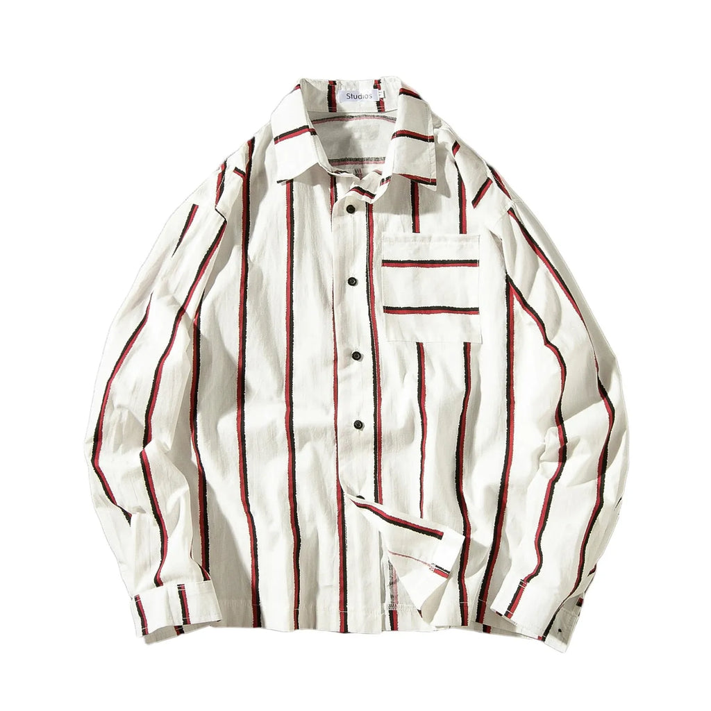 Men's casual loose striped cotton shirt in blue and red, sizes M to 5XL for relaxed everyday wear