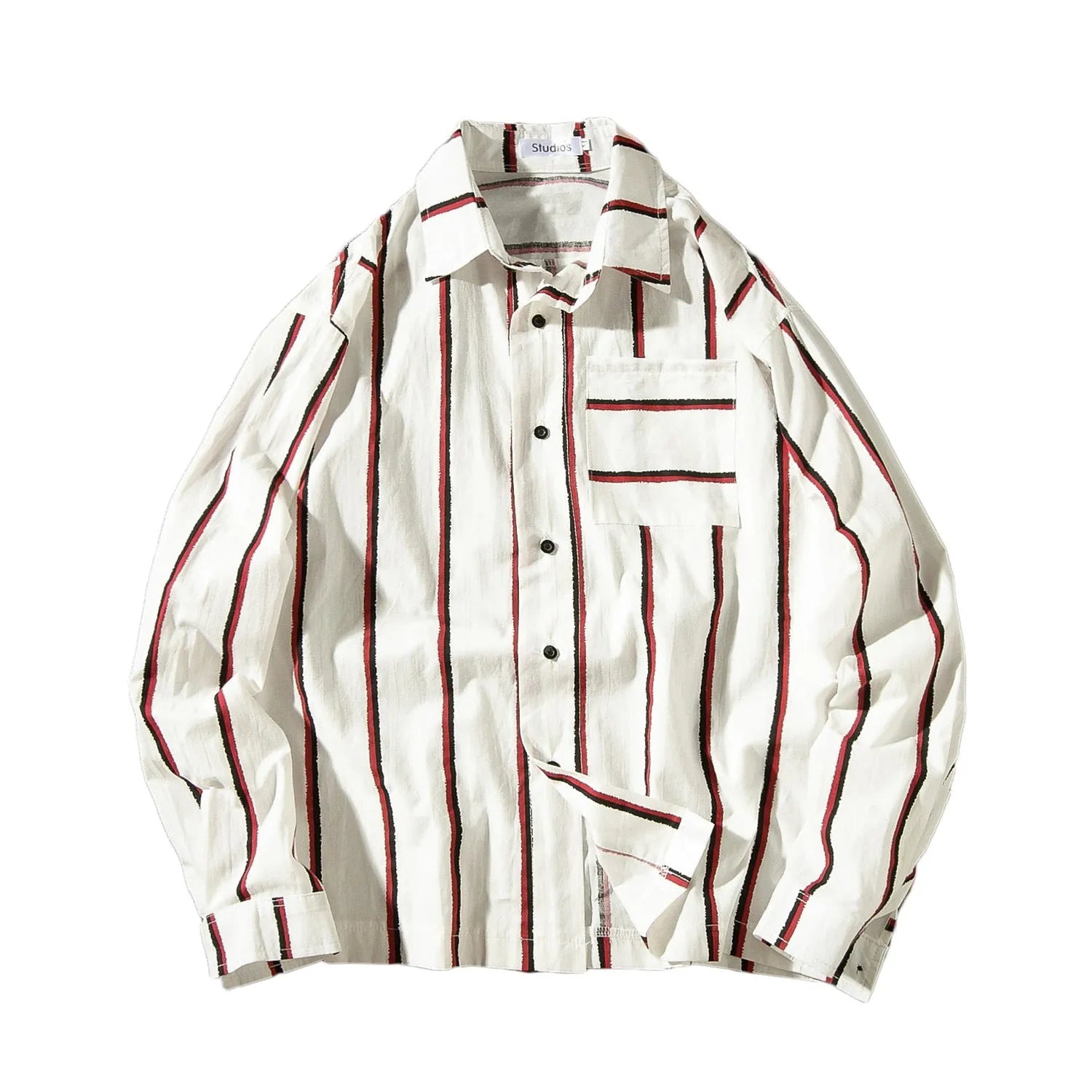 Men's casual loose striped cotton shirt in blue and red, sizes M to 5XL for relaxed everyday wear