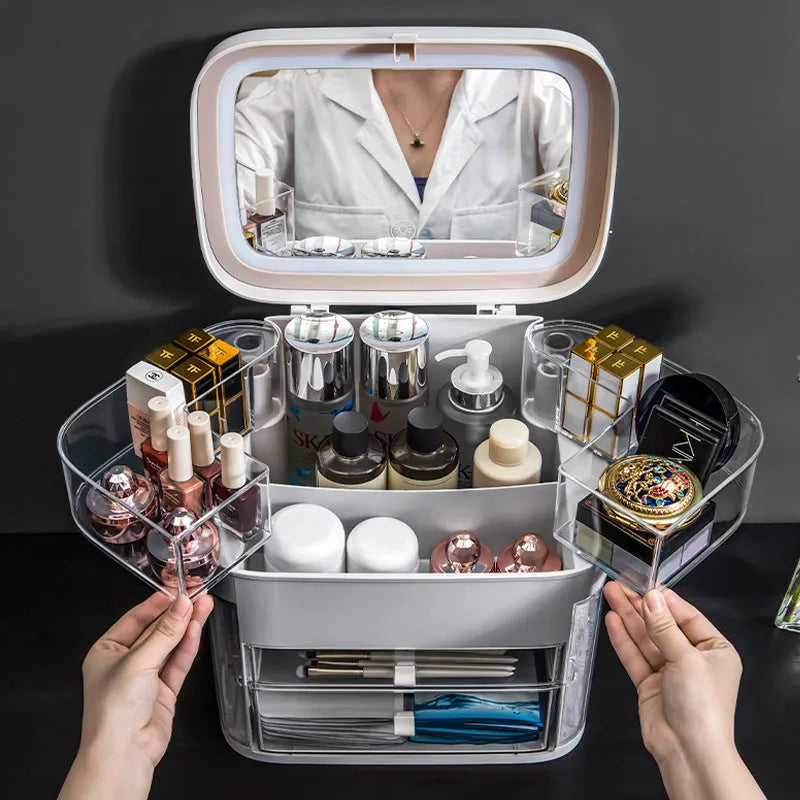 LED makeup organizer box with mirror and jewellery rack in PP and TPE, shown in apricot, grey, pink and white colour options
