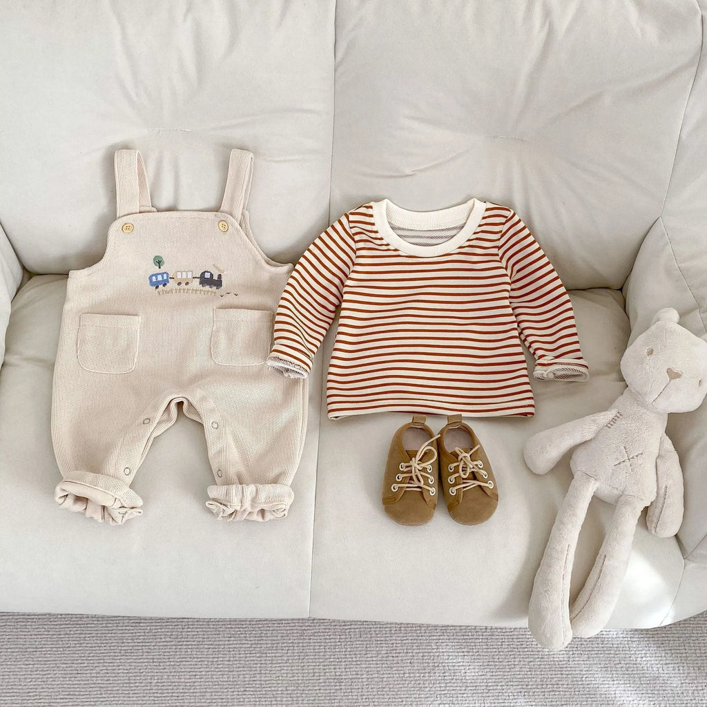 Baby bib pants and striped long sleeve top set in cotton, sizes 66cm to 100cm, with car embroidery.