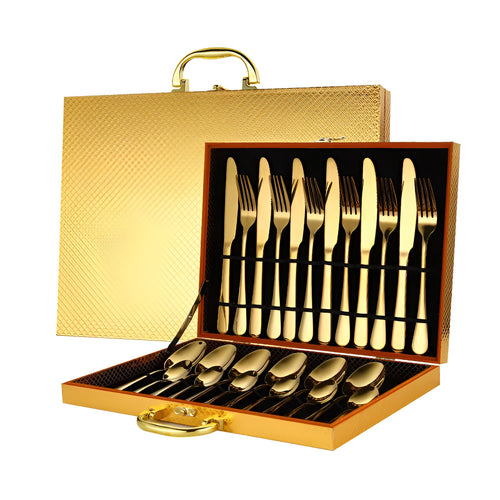 24 piece stainless steel cutlery set showing knives, forks and spoons in various colour finishes with one-piece moulding construction