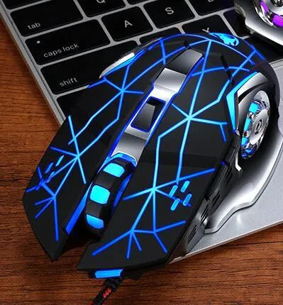 Wired gaming mouse with 1600dpi optical sensor, six buttons, USB cable, shown in black, blue, grey, and white