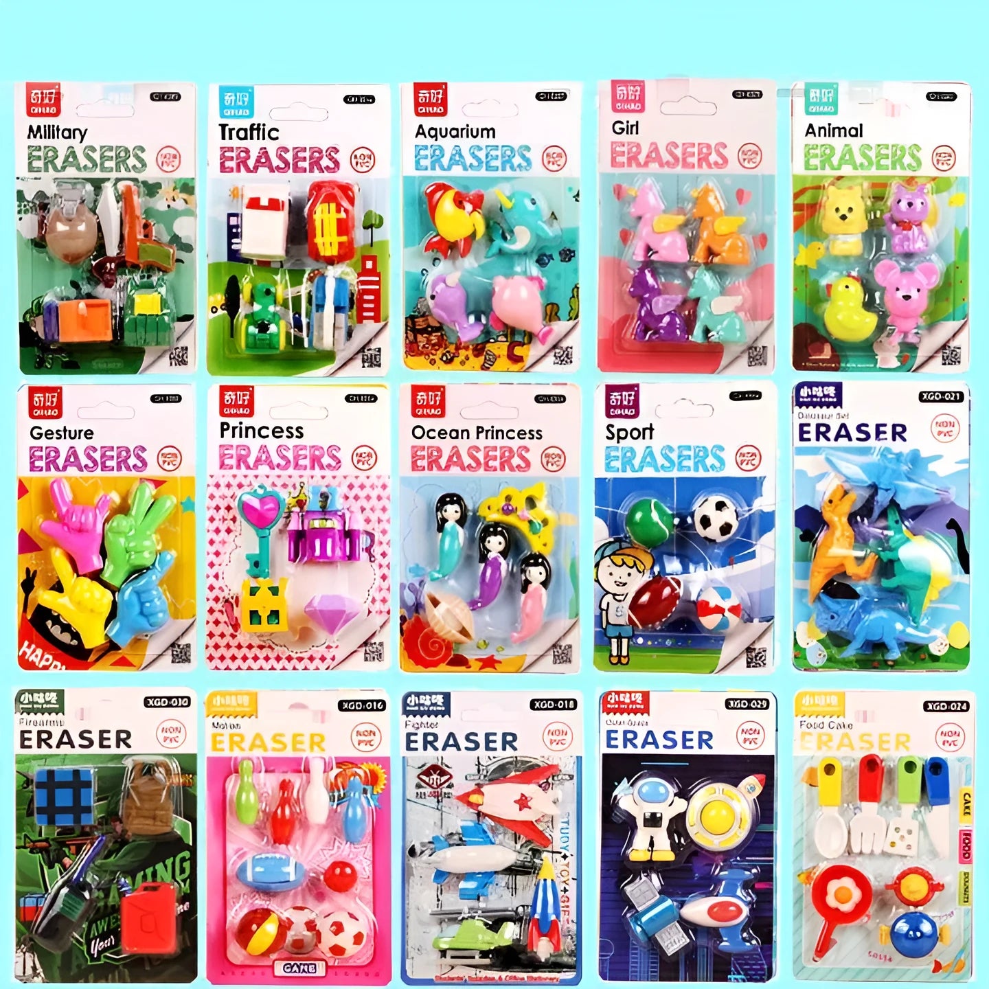 Assorted mini novelty erasers in shapes of cars, animals, food, and fantasy themes on a white background.