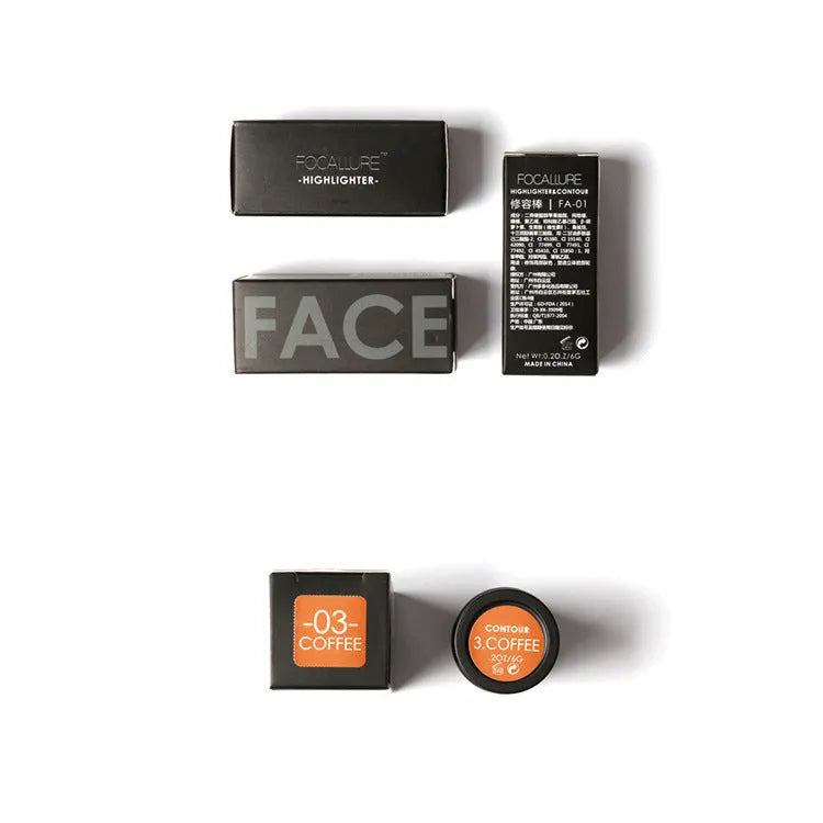 Face contour highlighter makeup product with attached brush applicator, shown in four colour shades.