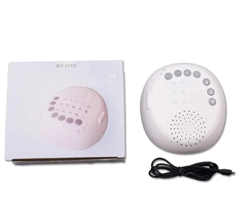 White noise machine with 9 sounds, timer, volume knob and USB cable, white colour, 16.5 x 16 x 6.3 cm