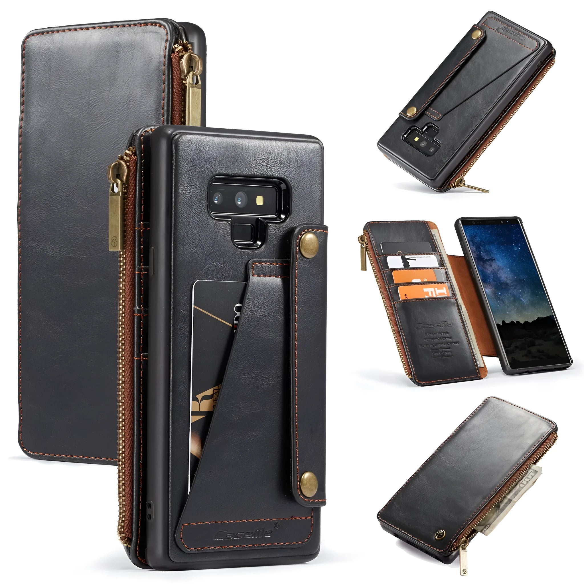 Black PU leather flip phone case for Samsung Galaxy Note 9 showing front and back.