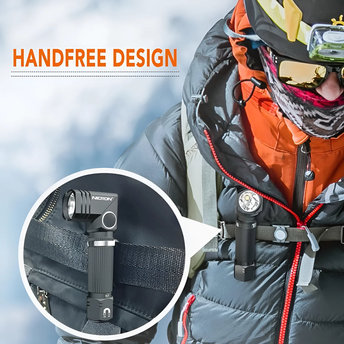 Hands-free LED flashlight in grey black with 1200 lumens, aircraft grade aluminium body, 360° rotary clip, and high-strength magnet