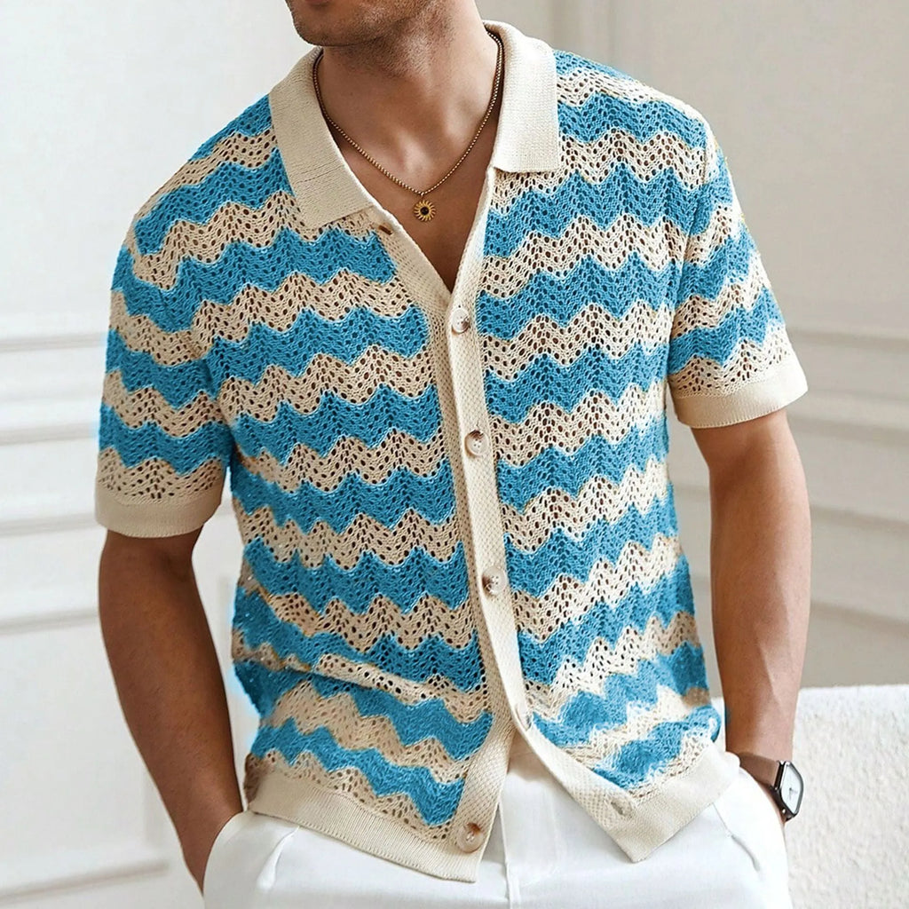 Yellow, blue, and brown short-sleeved sweater with a hollow jacquard corrugated texture.
