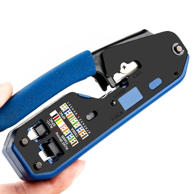 RJ45 network cable crimper with non-slip handle and cable stripper in black and blue, 136mm length