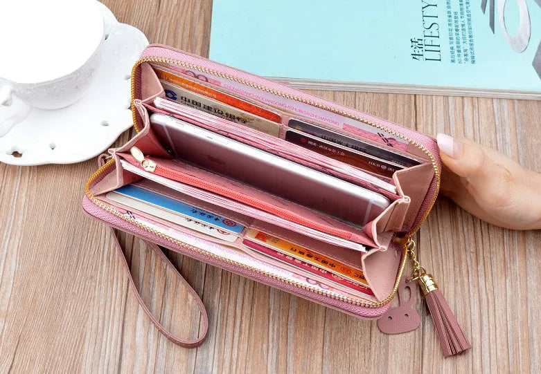 Women's long zip wallet in pu leather, size 19.5cm, multiple colour options including green and blue