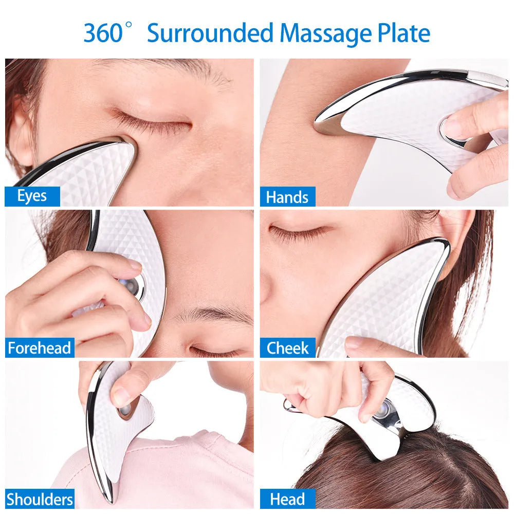 White rechargeable vibrating facial massager scraping board with ergonomic 360° surround design