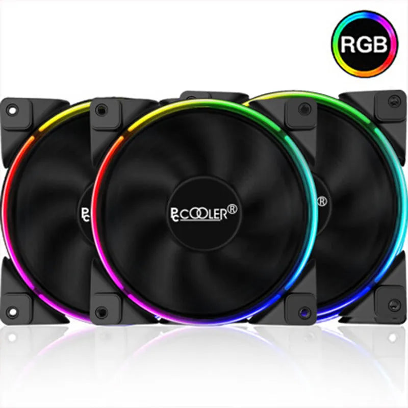 Three black 120mm RGB PC case fans with illuminated blades.