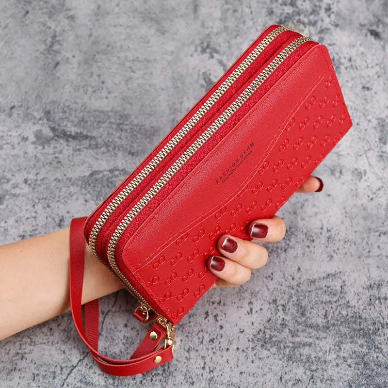 Women's double layer zipper coin purse in PU leather with six colour options, 20x4x10 cm