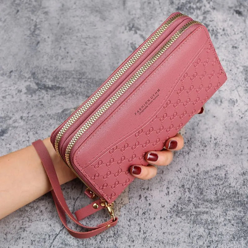 Women's double layer zipper coin purse in PU leather with six colour options, 20x4x10 cm