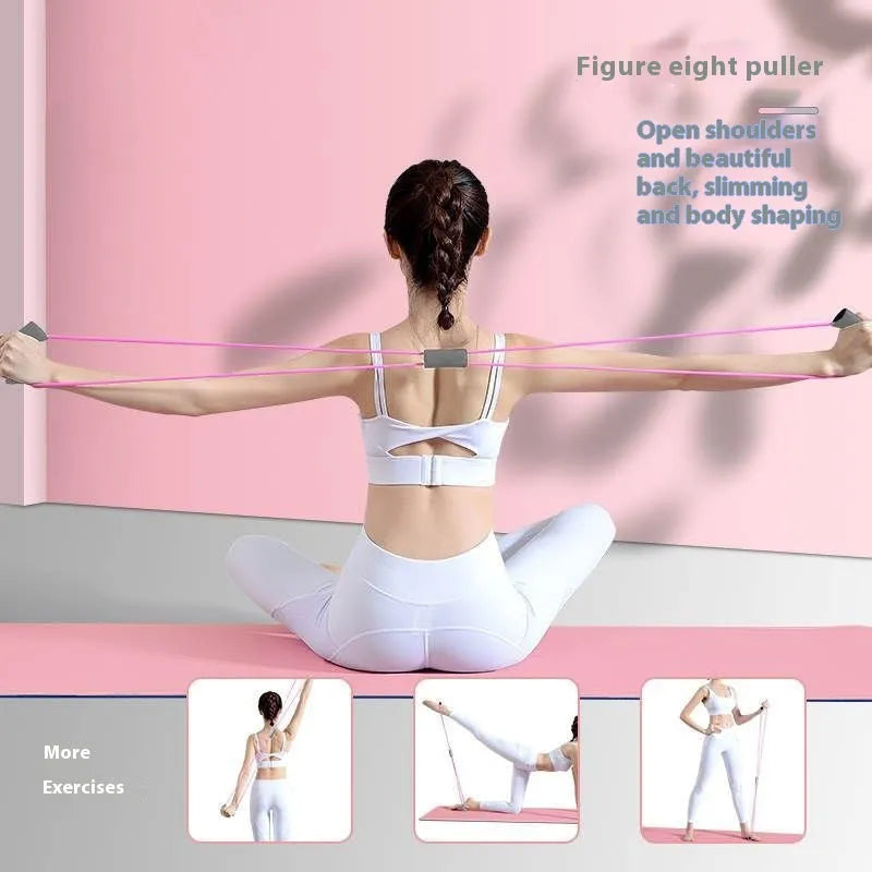 Four-piece yoga fitness set showing leg stretcher, yoga ring, pedal puller, and figure-eight tension rope.