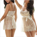 White spandex lingerie set with adjustable straps shown in three available sizes