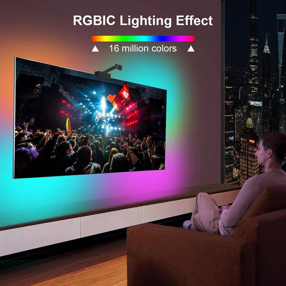 Black TV backlight strip with camera unit for screen colour synchronisation