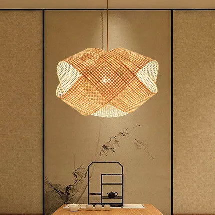 Bamboo woven rattan ceiling lamp with adjustable height mechanism in New Chinese style