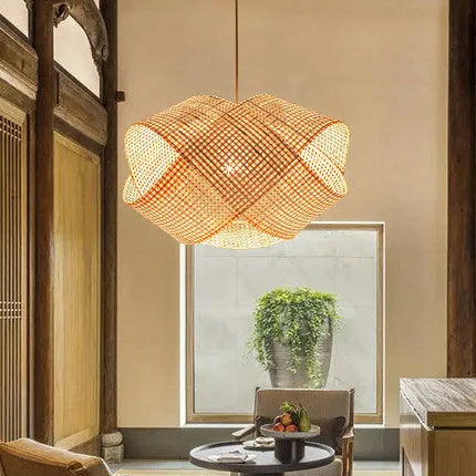 Bamboo woven rattan ceiling lamp with adjustable height mechanism in New Chinese style