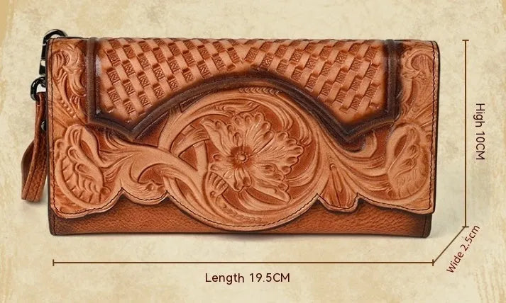 Brown tri-fold women's wallet with Chinese floral embossed pattern on cowhide leather.