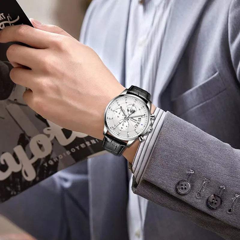 Men's full-automatic waterproof watch with 8mm leather strap, luminous calendar display, silver or rose shell, black or white dial.