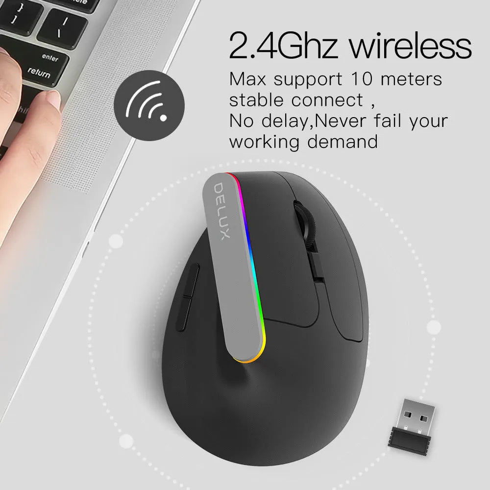 M618C black and white vertical ergonomic wireless mouse with RGB lighting and six buttons shown from the side.