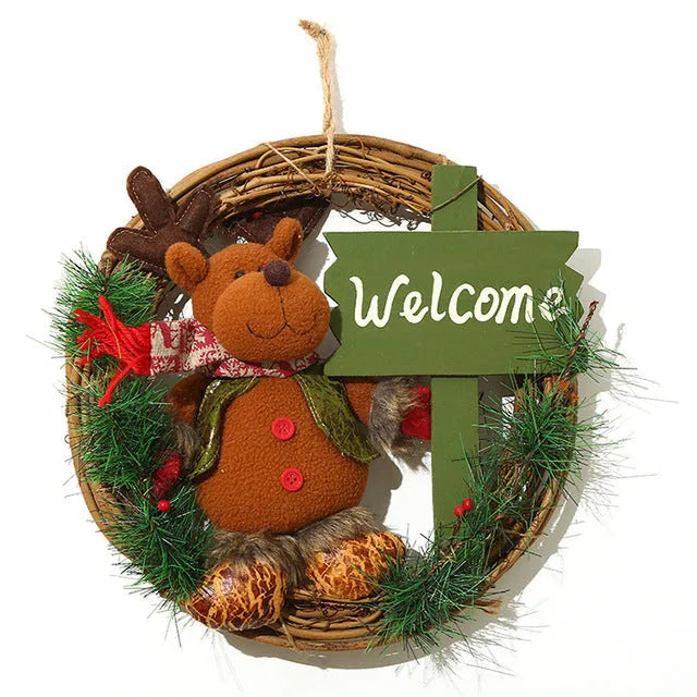 Christmas wreath 35 cm with fabric and rattan base, plush doll and burlap hanging rope