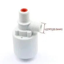 White nylon automatic float valve with brass thread connections for water level control.