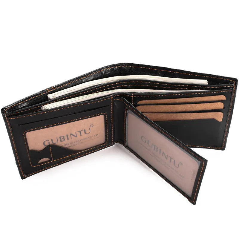 Men's short black PU leather wallet with zipper pocket and multiple card slots, 11.5cm x 9.5cm