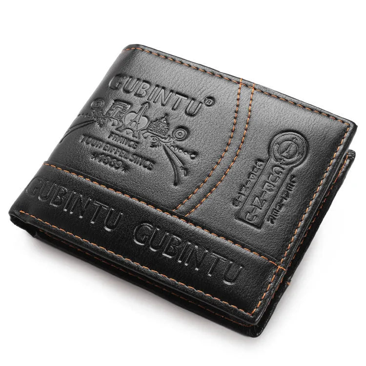 Men's short black PU leather wallet with zipper pocket and multiple card slots, 11.5cm x 9.5cm