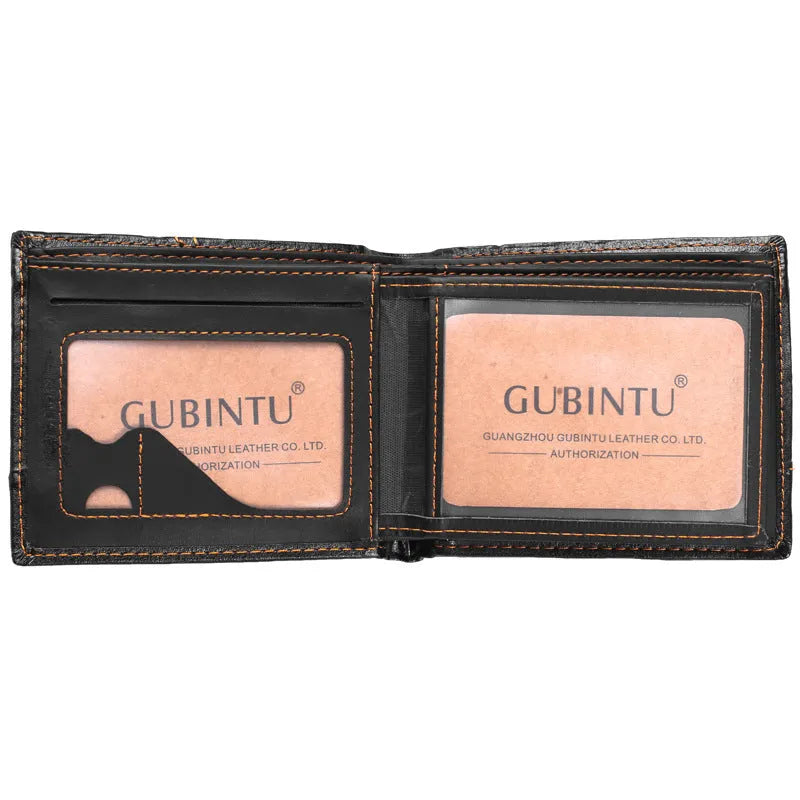 Men's short black PU leather wallet with zipper pocket and multiple card slots, 11.5cm x 9.5cm