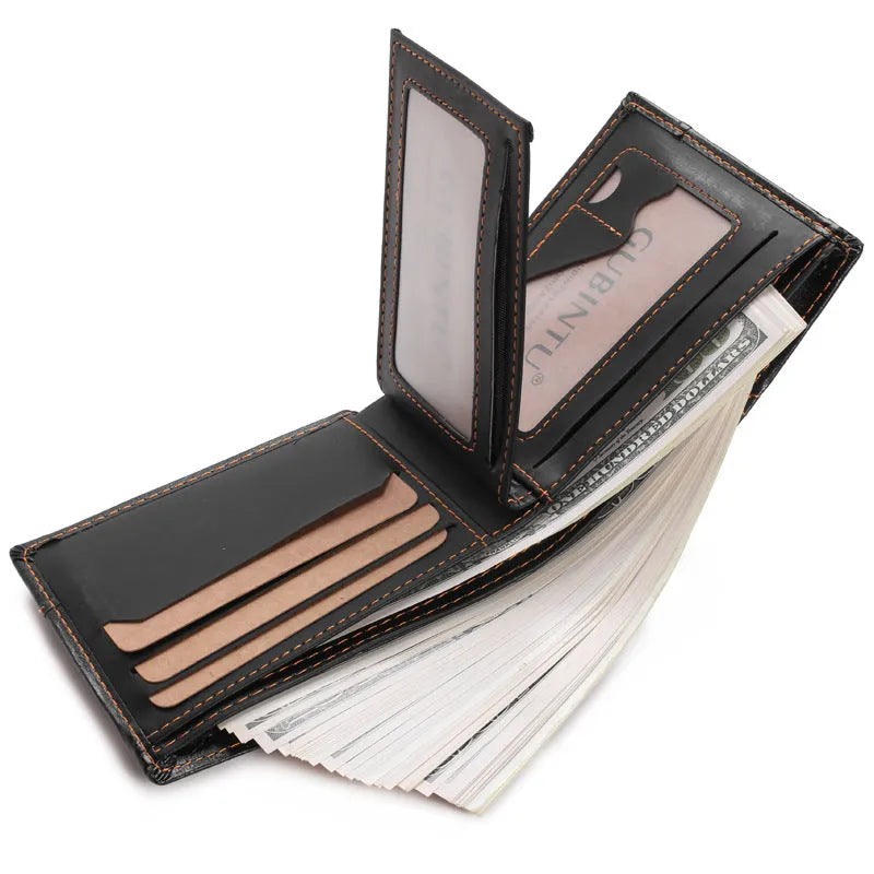 Men's short black PU leather wallet with zipper pocket and multiple card slots, 11.5cm x 9.5cm