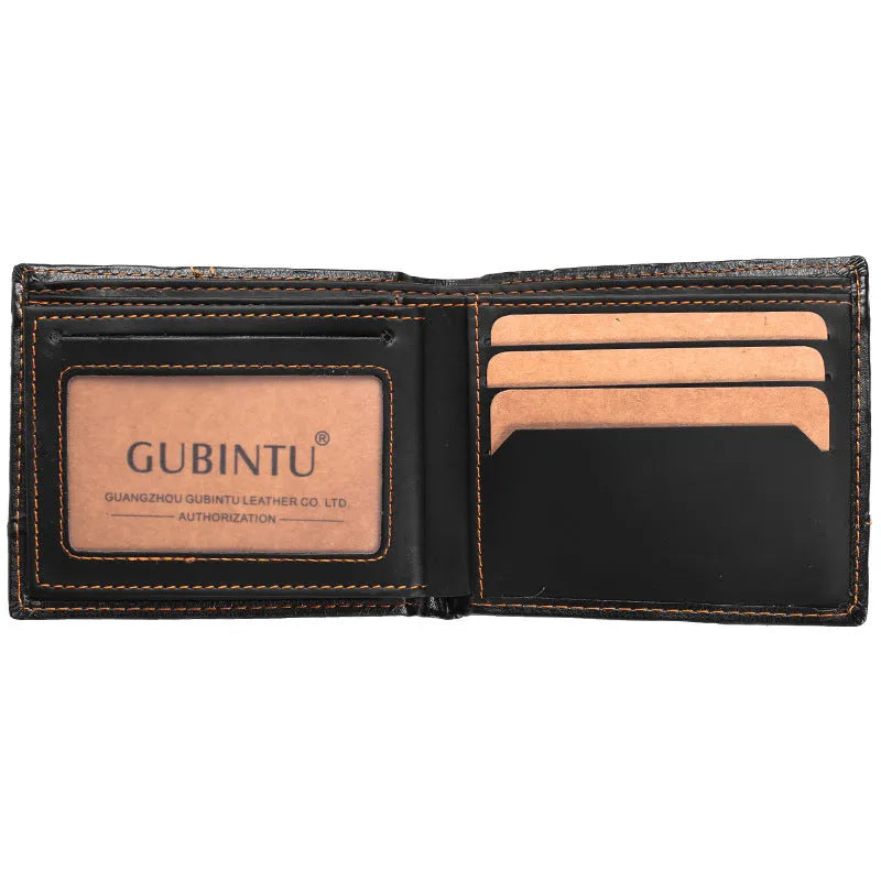 Men's short black PU leather wallet with zipper pocket and multiple card slots, 11.5cm x 9.5cm