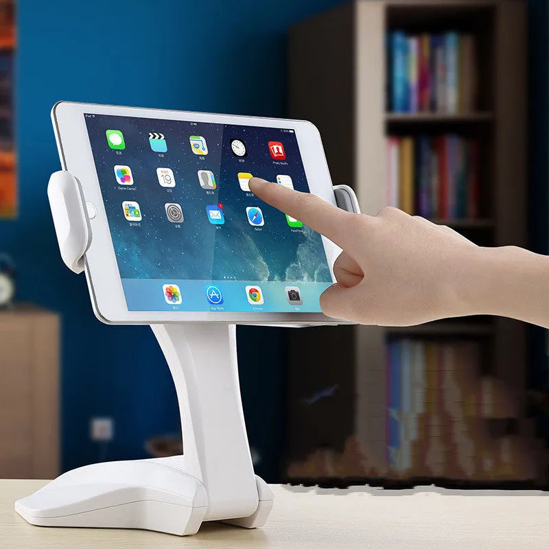 White adjustable tablet lazy support rack showing clip width adjustment mechanism