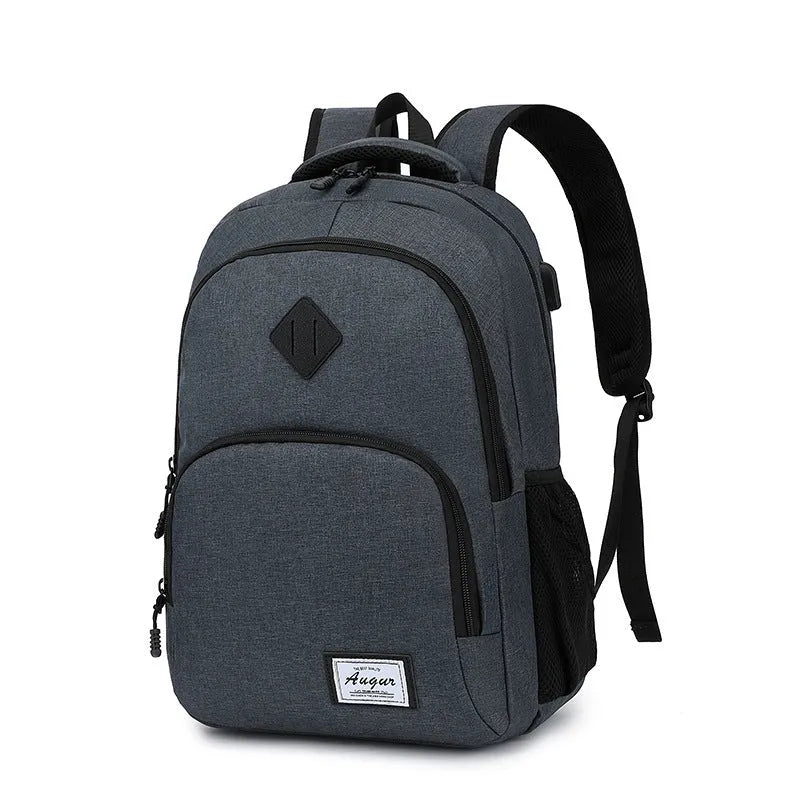 Lightweight nylon backpack with USB charging port in grey colour showing dimensions and trolley case attachment