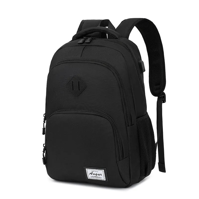Lightweight nylon backpack with USB charging port in grey colour showing dimensions and trolley case attachment