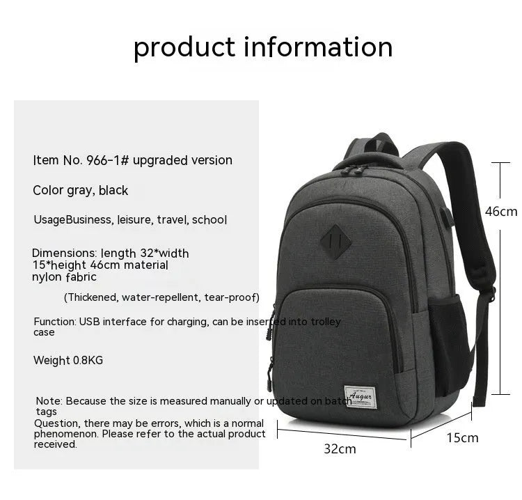 Lightweight nylon backpack with USB charging port in grey colour showing dimensions and trolley case attachment