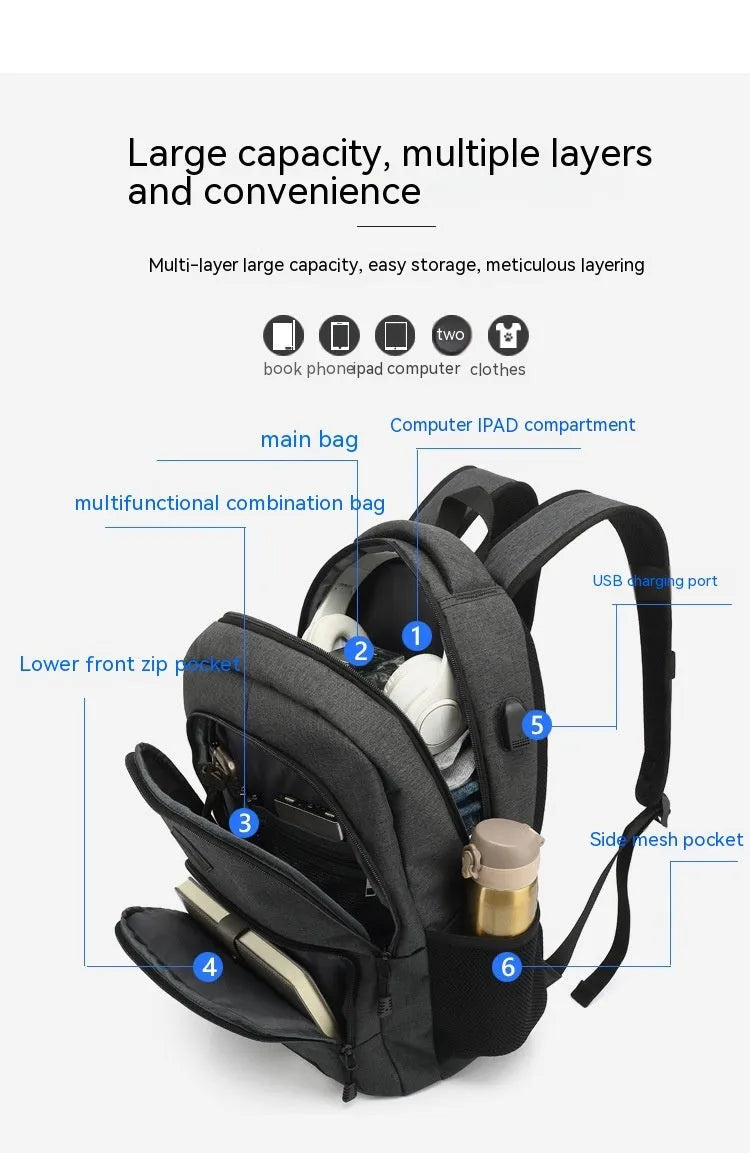 Lightweight nylon backpack with USB charging port in grey colour showing dimensions and trolley case attachment