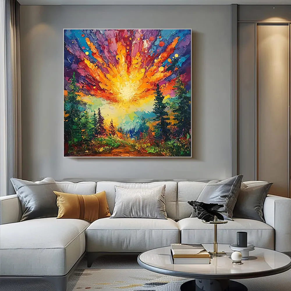 Hand-painted oil painting of sun rising in deep forest with brilliant light, modern landscape canvas art for home decoration