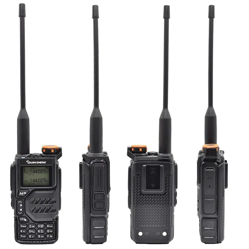 Black multi-band walkie-talkie pair with 5W power, 1600mAh lithium battery, charger, manual, and lanyard.