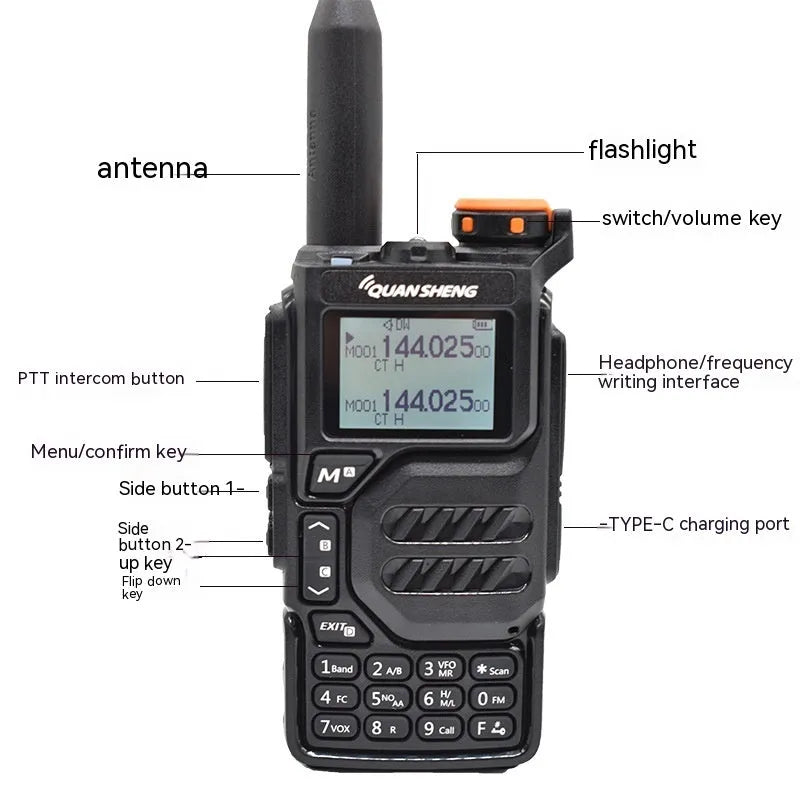 Black multi-band walkie-talkie pair with 5W power, 1600mAh lithium battery, charger, manual, and lanyard.