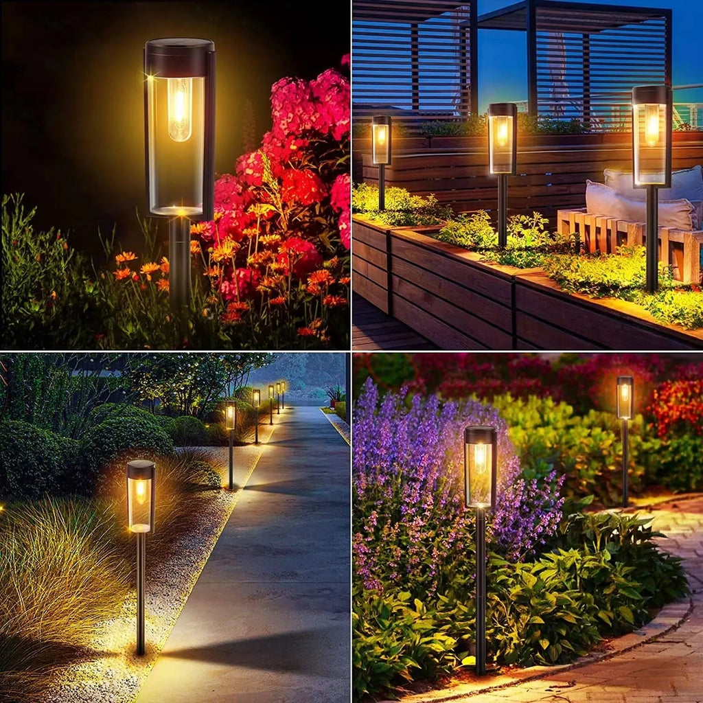 Solar lawn lamp with transparent tungsten wire, 3000K warm white, IP65 ABS body, floor or wall hanging garden light.