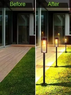 Solar lawn lamp with transparent tungsten wire, 3000K warm white, IP65 ABS body, floor or wall hanging garden light.