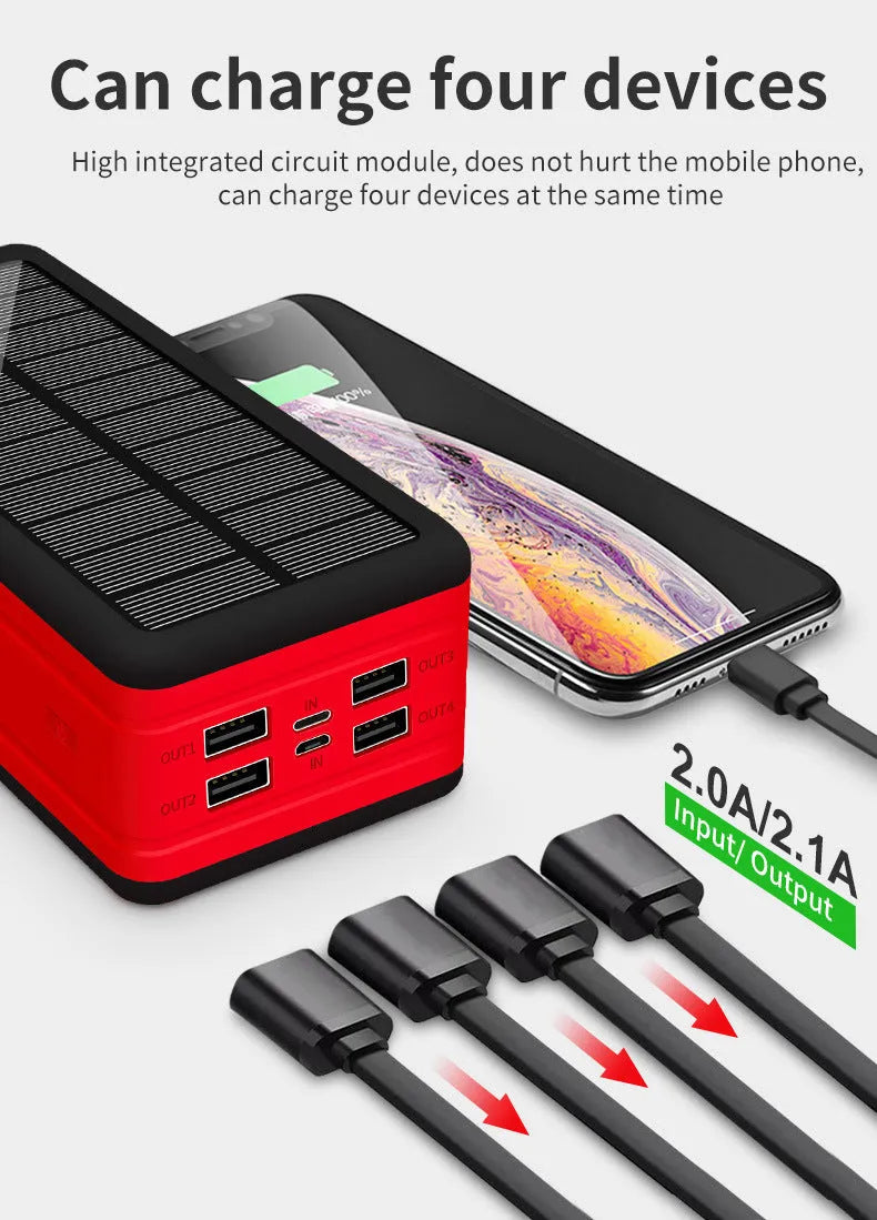Solar wireless power bank in black with colour accents showing charging ports and solar panel