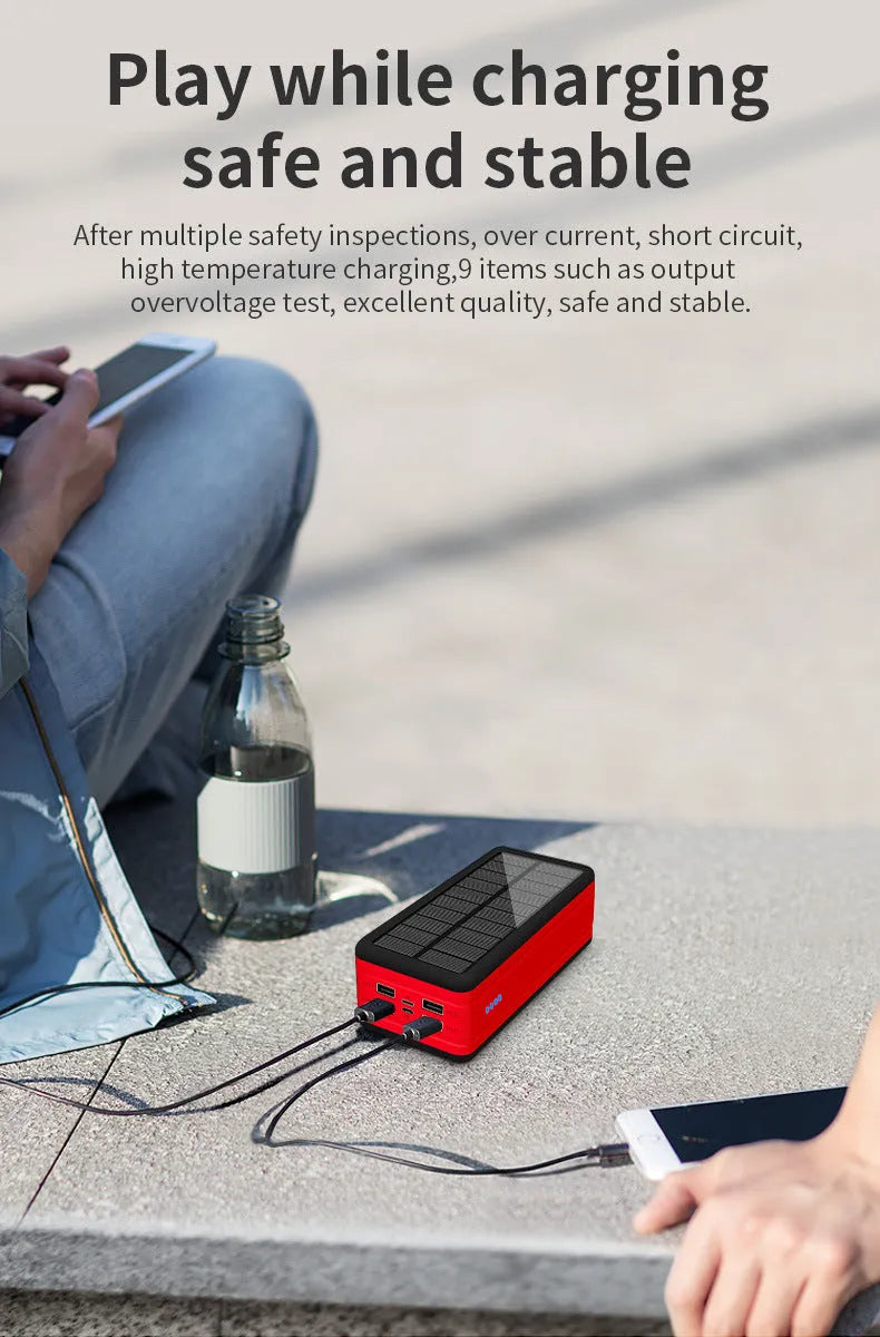 Solar wireless power bank in black with colour accents showing charging ports and solar panel
