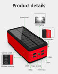 Solar wireless power bank in black with colour accents showing charging ports and solar panel