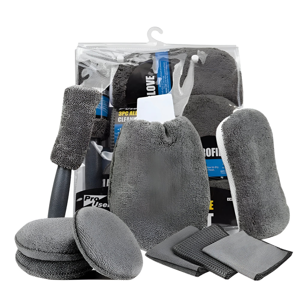 9-piece grey car cleaning set with microfiber towels, waxing wipes, sponge, gloves and tyre brush