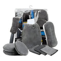 9-piece grey car cleaning set with microfiber towels, waxing wipes, sponge, gloves and tyre brush